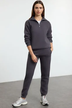 Trendyol Macacões-Agasalho de corrida de polar grossa com gola alta e fecho-éclair cinzento