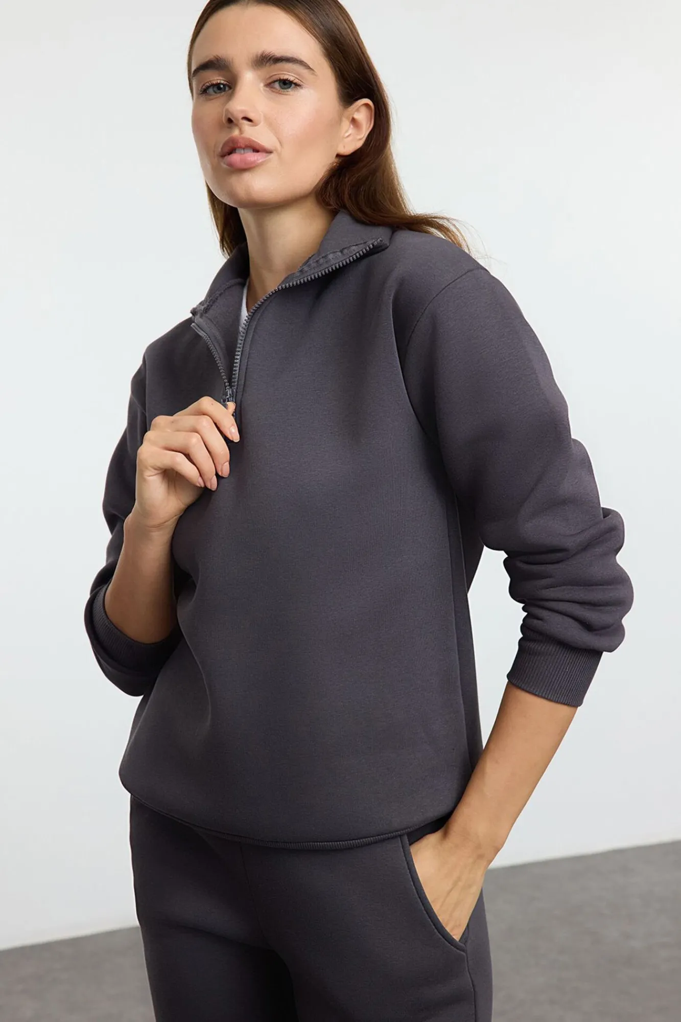 Trendyol Macacões-Agasalho de corrida de polar grossa com gola alta e fecho-éclair cinzento