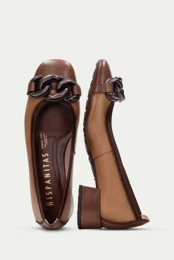 Hispanitas Sabrinas|Saltos-Bailarina bico quadrado com enfeite de corrente OPORTO Castanho