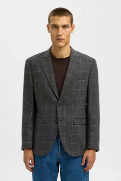 Selected Blazers|Blazers-Blazer de lã xadrez Cinzento