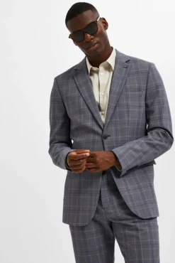 Selected Blazers|Blazers-Blazer Slim Fit de xadrez com bolsos Cinzento