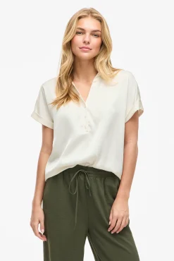 Vila Blusas-Blusa acetinada de manga curta Ecru