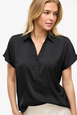 Vila Blusas-Blusa acetinada de manga curta Preto