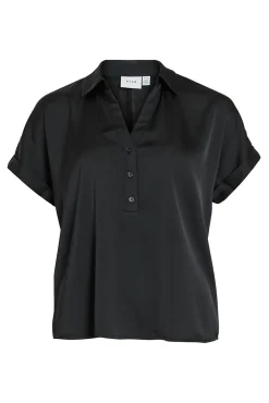 Vila Blusas-Blusa acetinada de manga curta Preto