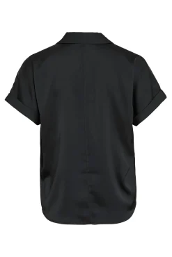 Vila Blusas-Blusa acetinada de manga curta Preto