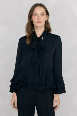Pedro del Hierro Blusas-Blusa com babados e laçada Preto