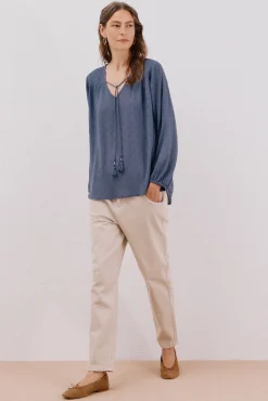 Cortefiel Blusas-Blusa com borlas Azul