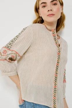 Vila Blusas-Blusa de algodão com bordado étnico Tostado