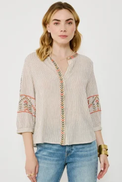 Vila Blusas-Blusa de algodão com bordado étnico Tostado