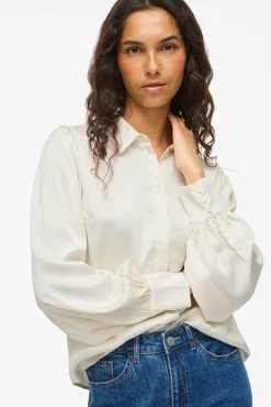 Vila Blusas-Blusa de cetim de manga manga Branco