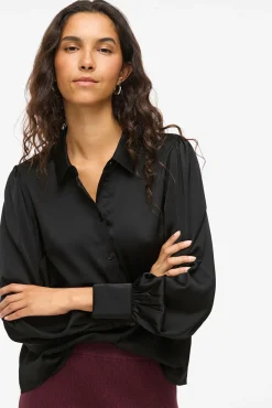Vila Blusas-Blusa de cetim de manga manga Preto