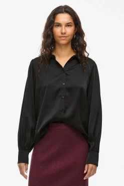 Vila Blusas-Blusa de cetim de manga manga Preto
