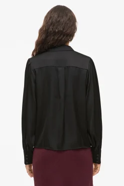 Vila Blusas-Blusa de cetim de manga manga Preto