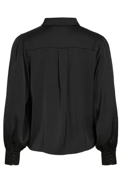 Vila Blusas-Blusa de cetim de manga manga Preto