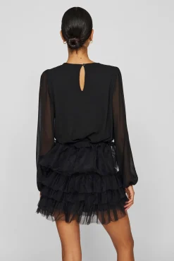 Vila Blusas-Blusa de chiffon com pedraria no gola Preto