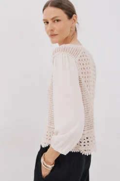 Cortefiel Blusas-Blusa de crochet combinada Branco