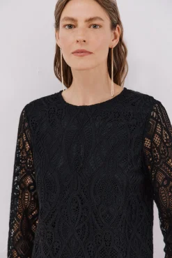 Cortefiel T-Shirts-Blusa de guipura de manga comprida Preto