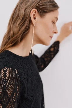 Cortefiel T-Shirts-Blusa de guipura de manga comprida Preto