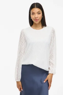 Vila Blusas-Blusa de manga comprida com gola redonda Branco