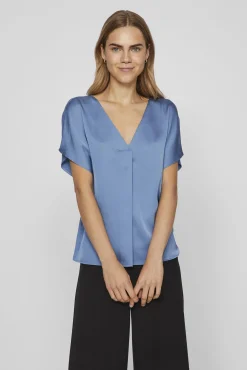Vila Blusas-Blusa de manga curta acetinada Azul
