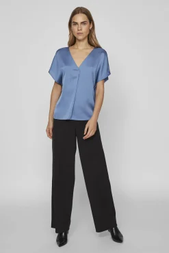 Vila Blusas-Blusa de manga curta acetinada Azul