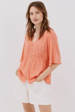 Cortefiel Blusas-Blusa de renda com babados Vermelho