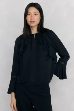 Pedro del Hierro Blusas-Blusa de renda com babados Preto