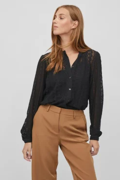 Vila Blusas-Blusa de renda com manga comprida Preto