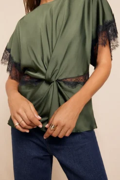 Slowlove Blusas-Blusa de renda de cetim Verde