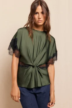 Slowlove Blusas-Blusa de renda de cetim Verde