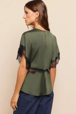 Slowlove Blusas-Blusa de renda de cetim Verde