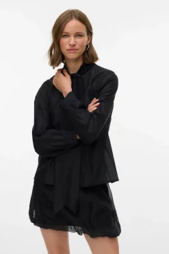 Vero Moda Blusas-Blusa feminina de manga comprida com laço no gola Preto