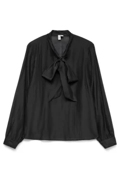 Vero Moda Blusas-Blusa feminina de manga comprida com laço no gola Preto