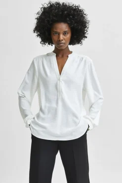 Selected Blusas-Blusa fluida com decote em bico confecionada com materiais reciclados. Branco
