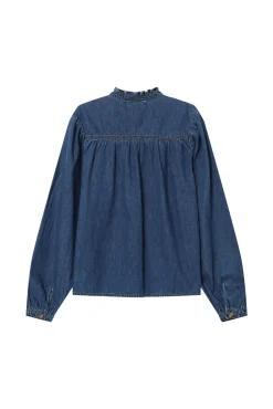 Grace & Mila Blusas-Blusa jeans de manga longa com detalhe de folho e laço no gola Azul