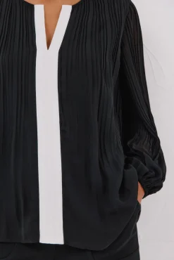 Cortefiel Blusas-Blusa plissada contrastante Preto