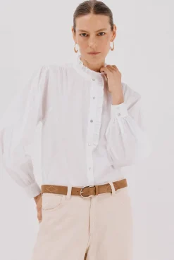 Cortefiel Blusas-Blusa riscas com gola franzida Branco