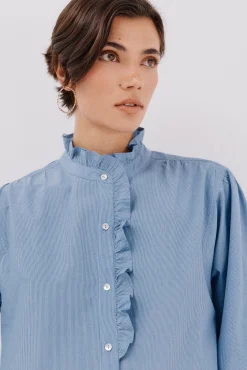 Cortefiel Blusas-Blusa riscas com gola franzida Azul