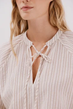 Cortefiel Blusas-Blusa riscas de cordão Ecru
