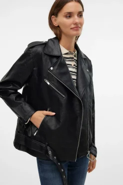 Vero Moda Sobretudos-Blusão biker efeito pele Preto