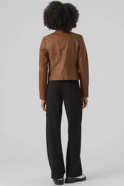 Vero Moda Sobretudos-Blusão com efeito couro e gola Perkins Castanho