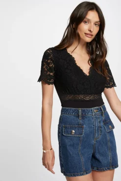 Morgan Roupa Interior|Macacões-Body manga curta com renda Preto