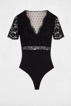 Morgan Roupa Interior|Macacões-Body manga curta com renda Preto