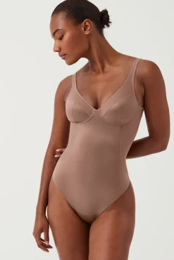 Spanx Roupa Interior-Body modelador de tule de cetim e tanga de compressão de cetim cru
