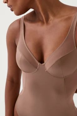 Spanx Roupa Interior-Body modelador de tule de cetim e tanga de compressão de cetim cru