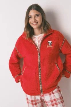 Women'secret Roupões-Borrego robe de pele de carneiro vermelha com bordado do Snoopy vermelho