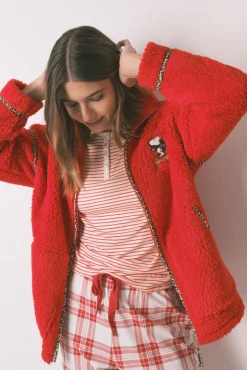 Women'secret Roupões-Borrego robe de pele de carneiro vermelha com bordado do Snoopy vermelho