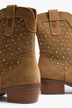 Popa Saltos|Calçado De Couro-Bota Botim com tachas feminina Castanho