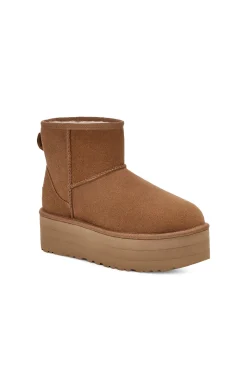Ugg Botas|Calçado De Couro-Bota feminina clássica Mini Platform Castanho