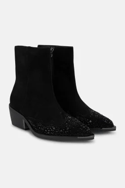 Alma en Pena Saltos|Calçado De Couro-Botim feminina de salto baixo com detalhe de strass Preto